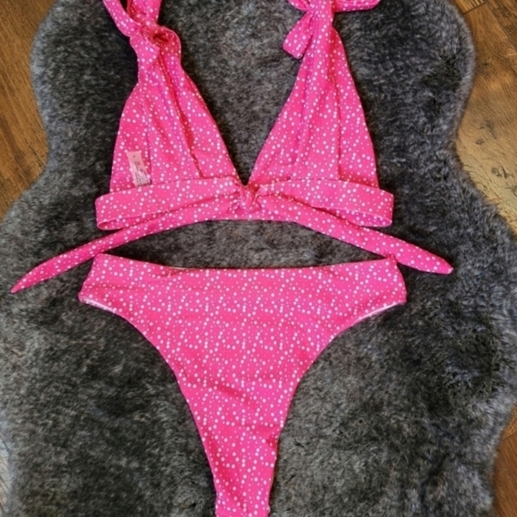 New Pink Print V-plunge Triangle Bralette Bikini Set Swimsuit Size L - Picture 6 of 7